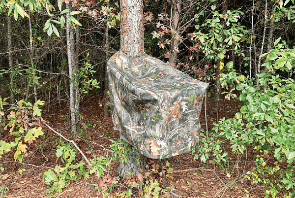 Camo Climber Tree Stand Cover in use covering a climber on a tree